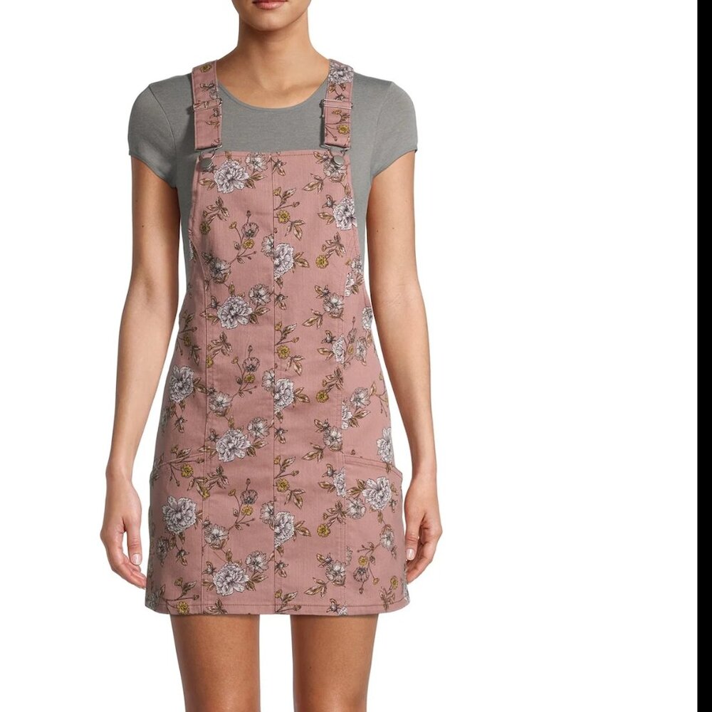 No Boundaries Adjustable Overall Dress Botanical Pattern Cotton Blend w. Pockets